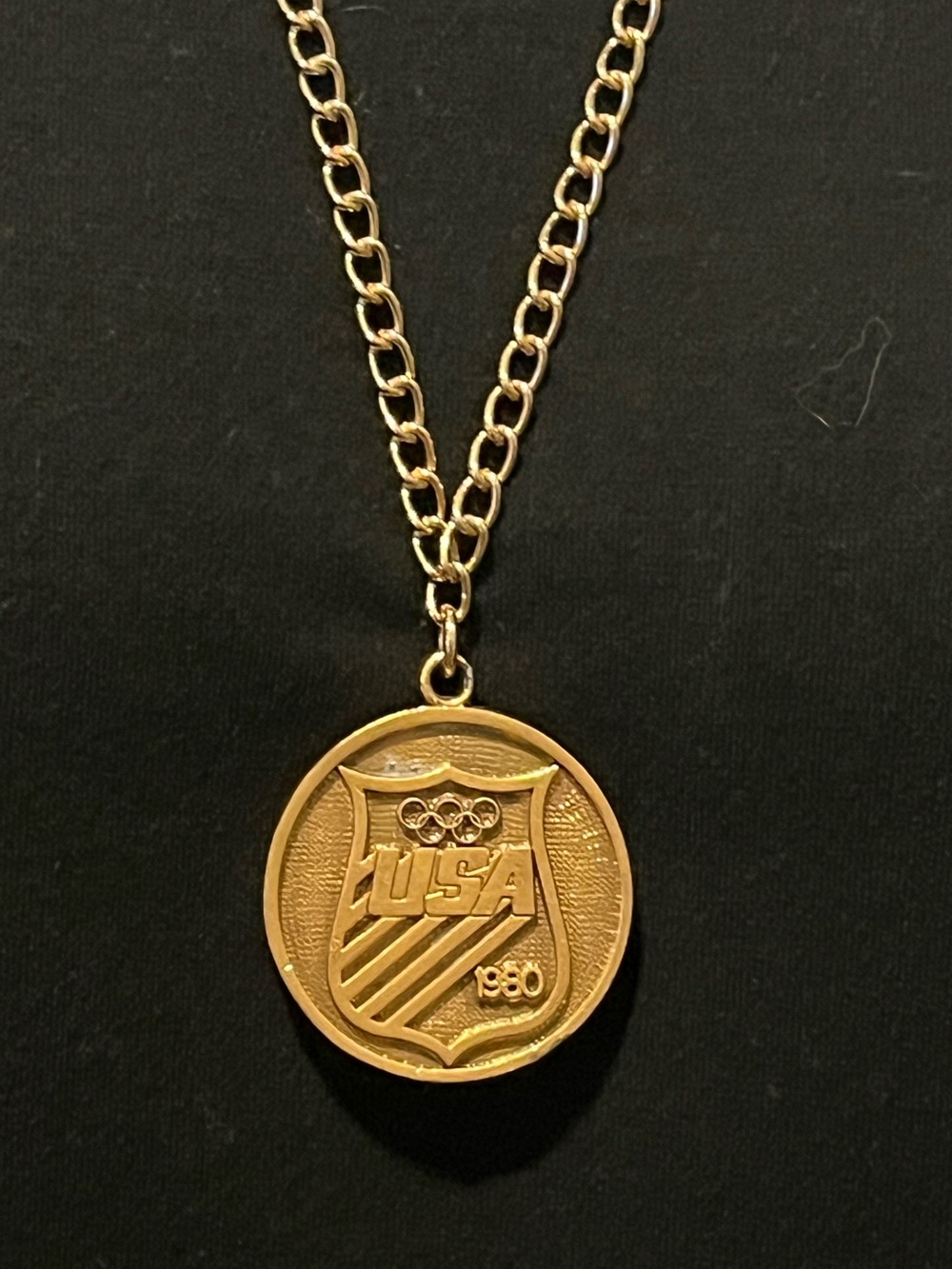 1980 Summer Olympics USA Shield Medallion Necklace - Gold Tone